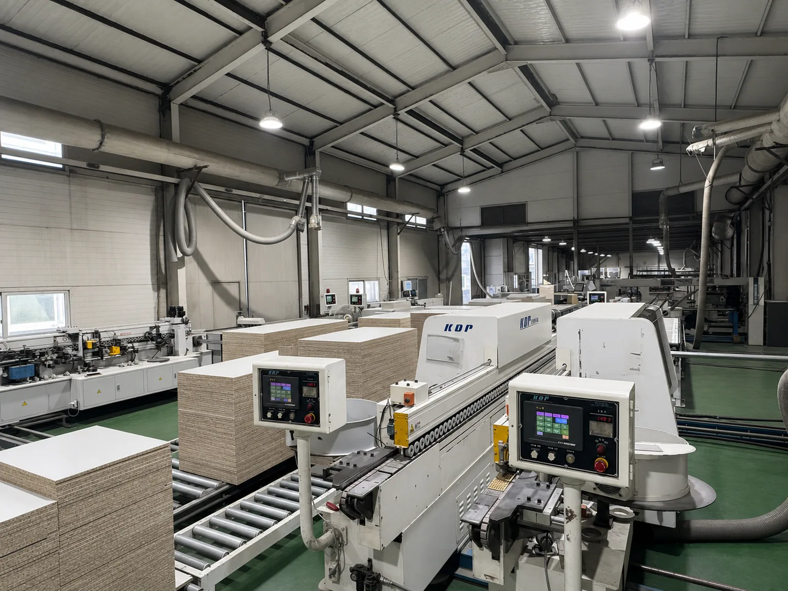Edge processing line where multiple processing machines and control units are connected
