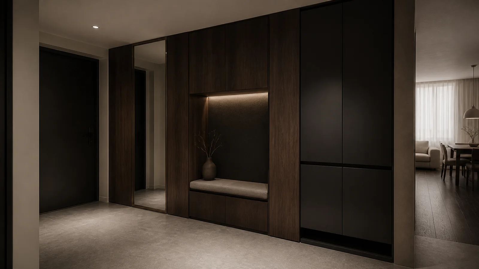 Proposed Image of Walnut Entrance Storage Wall Combining Full-Length Mirror and Lighting Bench Niche