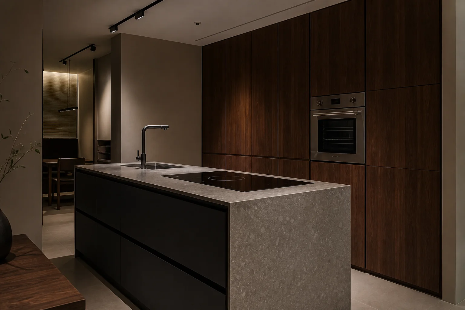 Kitchen proposal image showing the joint of a walnut storage wall, charcoal doors, and stone island