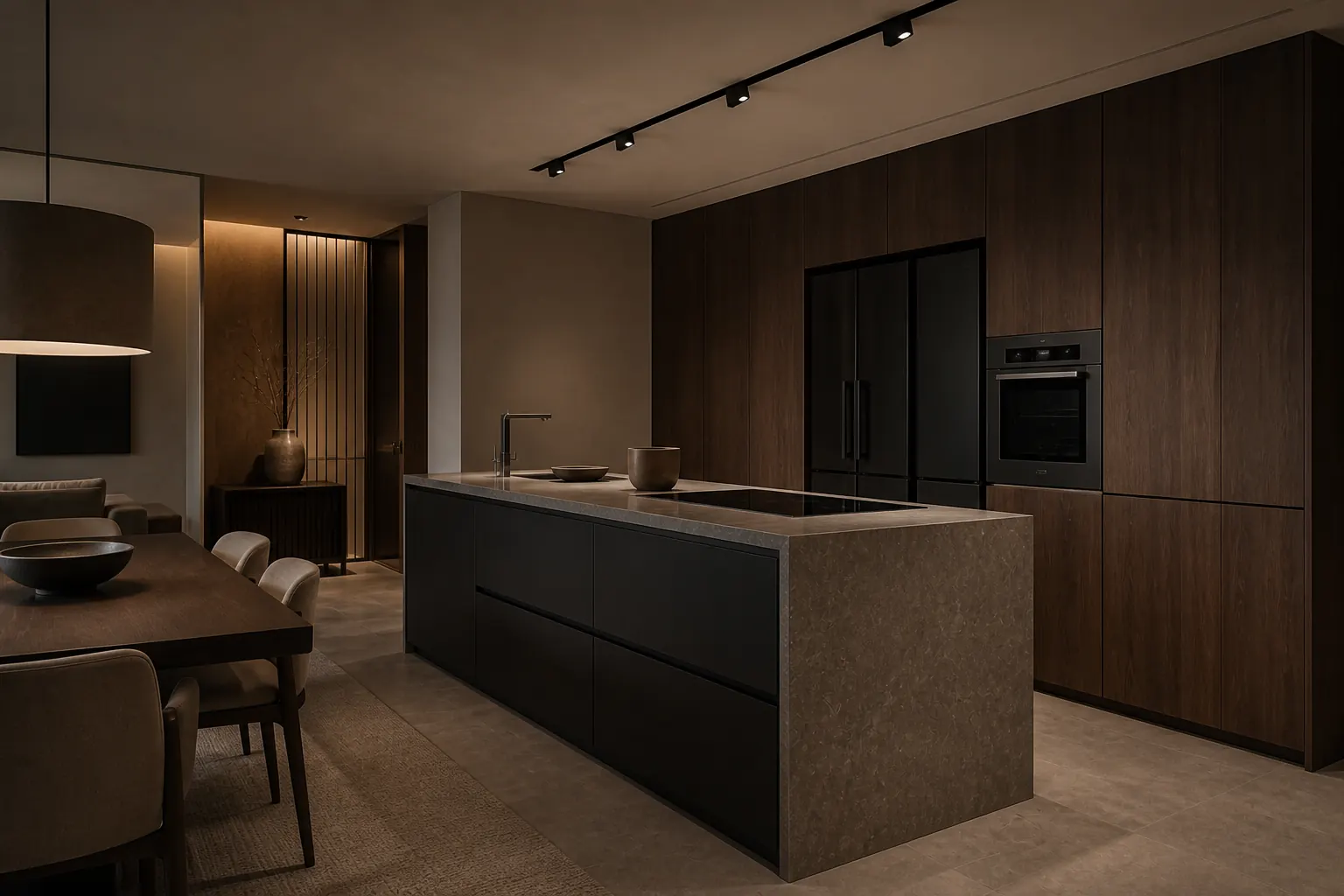 Kitchen proposal image connecting a walnut built-in storage wall, stone island, and dining area