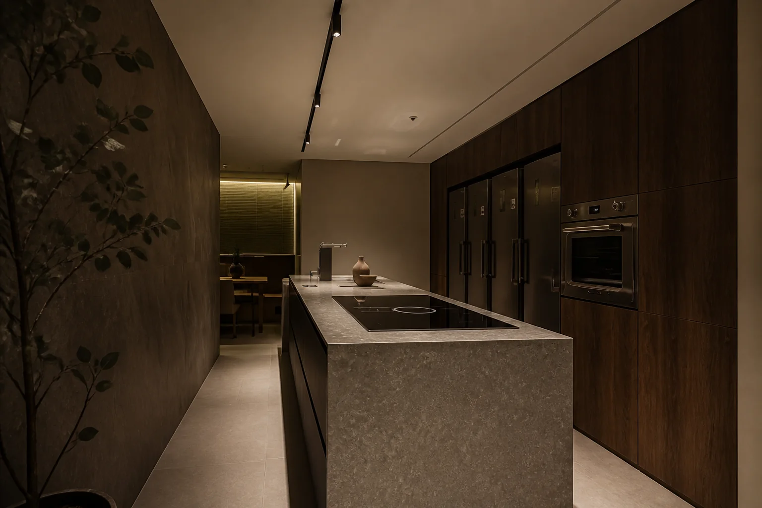 kitchen cabinetry proposal image featuring a long stone island and walnut storage wall arranged with perspective