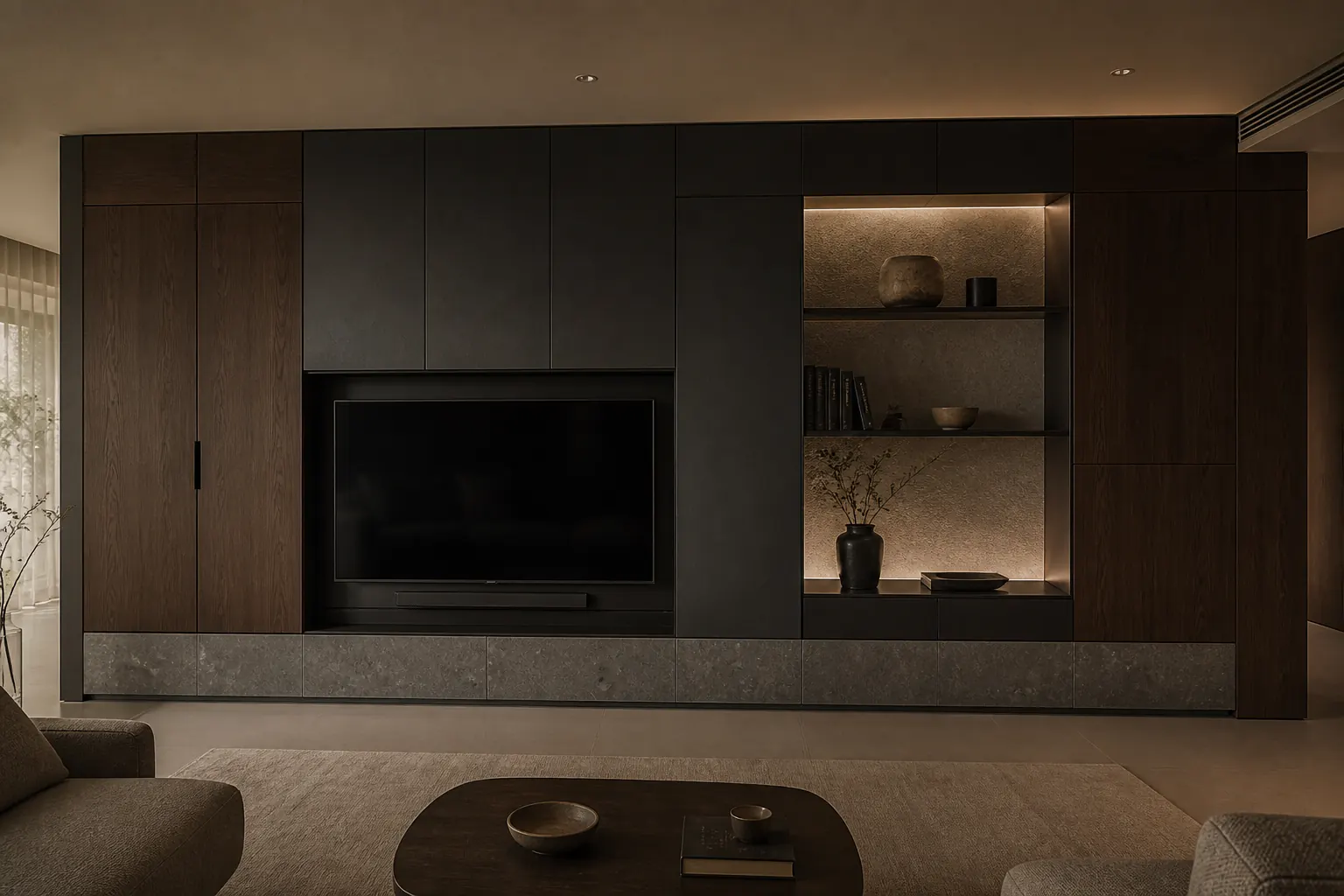 Proposed image of a living room storage wall combining walnut and charcoal panels with an open-light cabinet