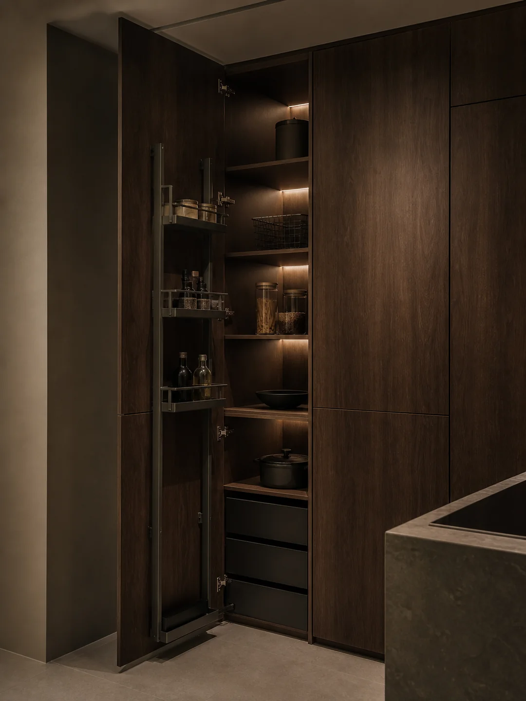 Proposal image of a walnut built-in pantry with pull-out shelves and internal lighting