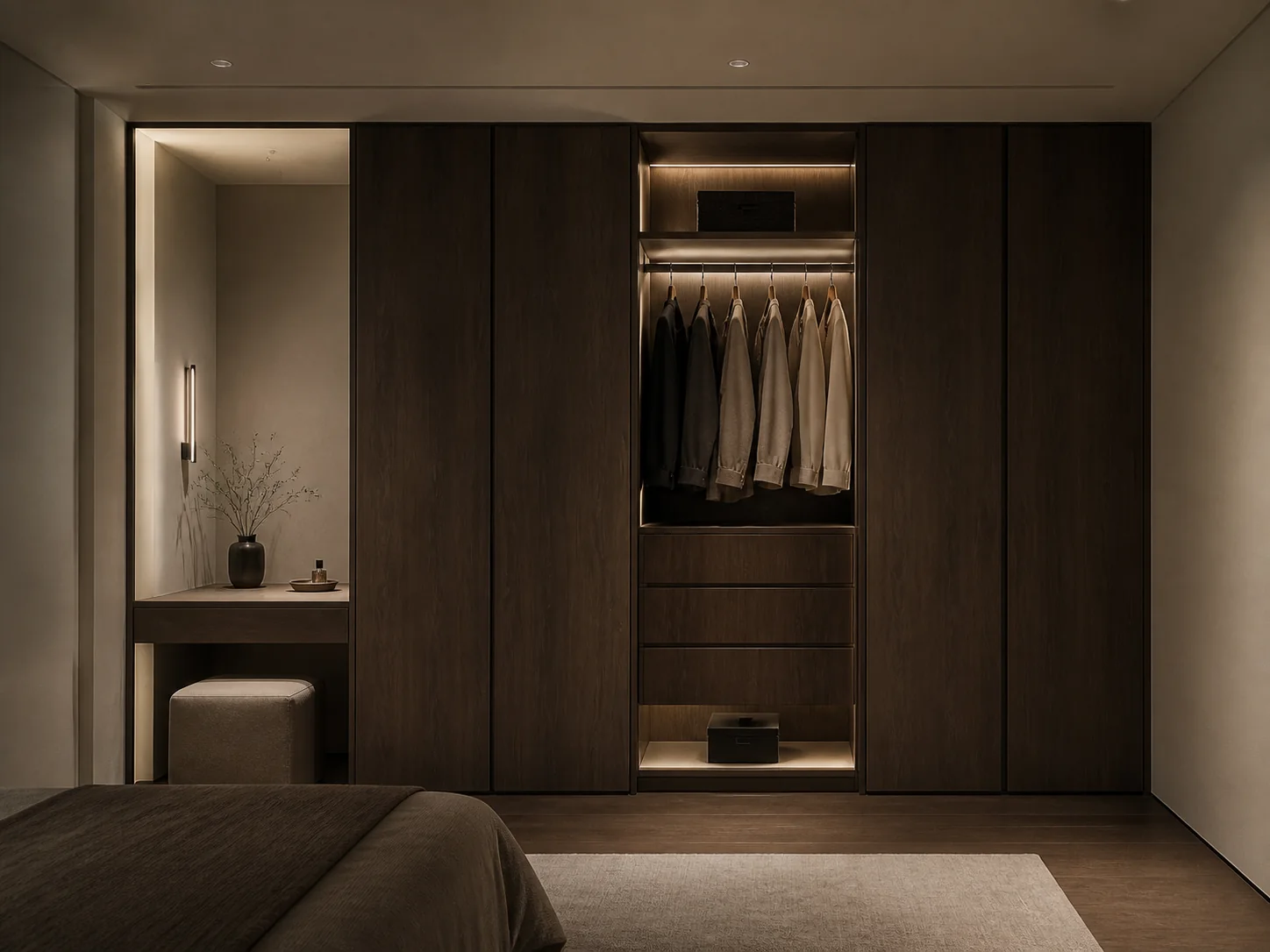 Proposal image of a walnut built-in cabinet combining open modules and a vanity niche