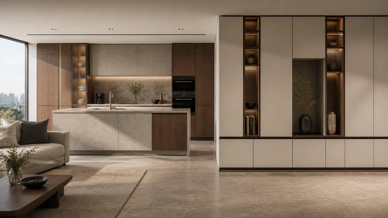 Space proposal image connecting kitchen and living room storage furniture