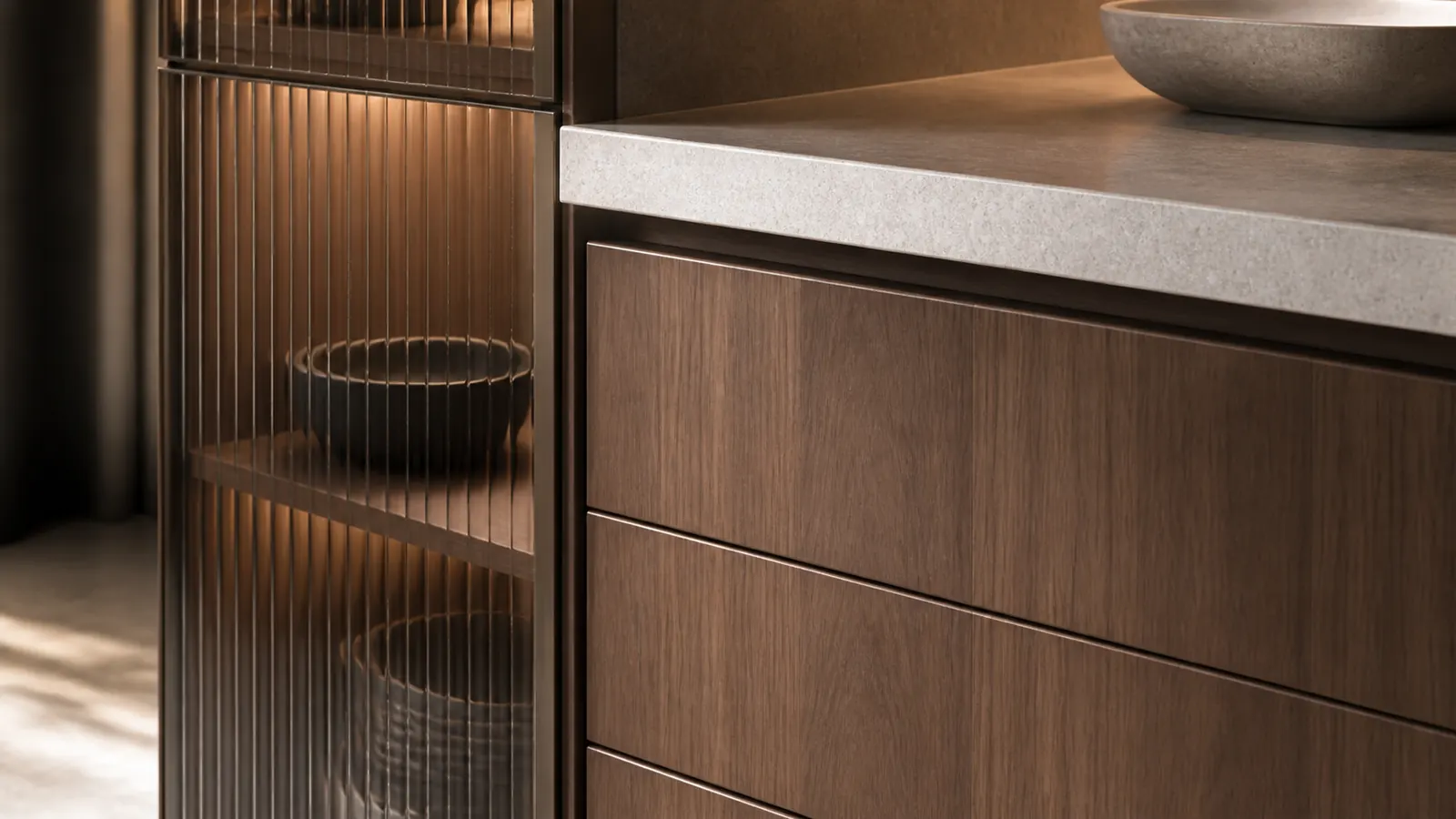 Furniture finish proposal image combining walnut doors, stone countertops, and fluted glass