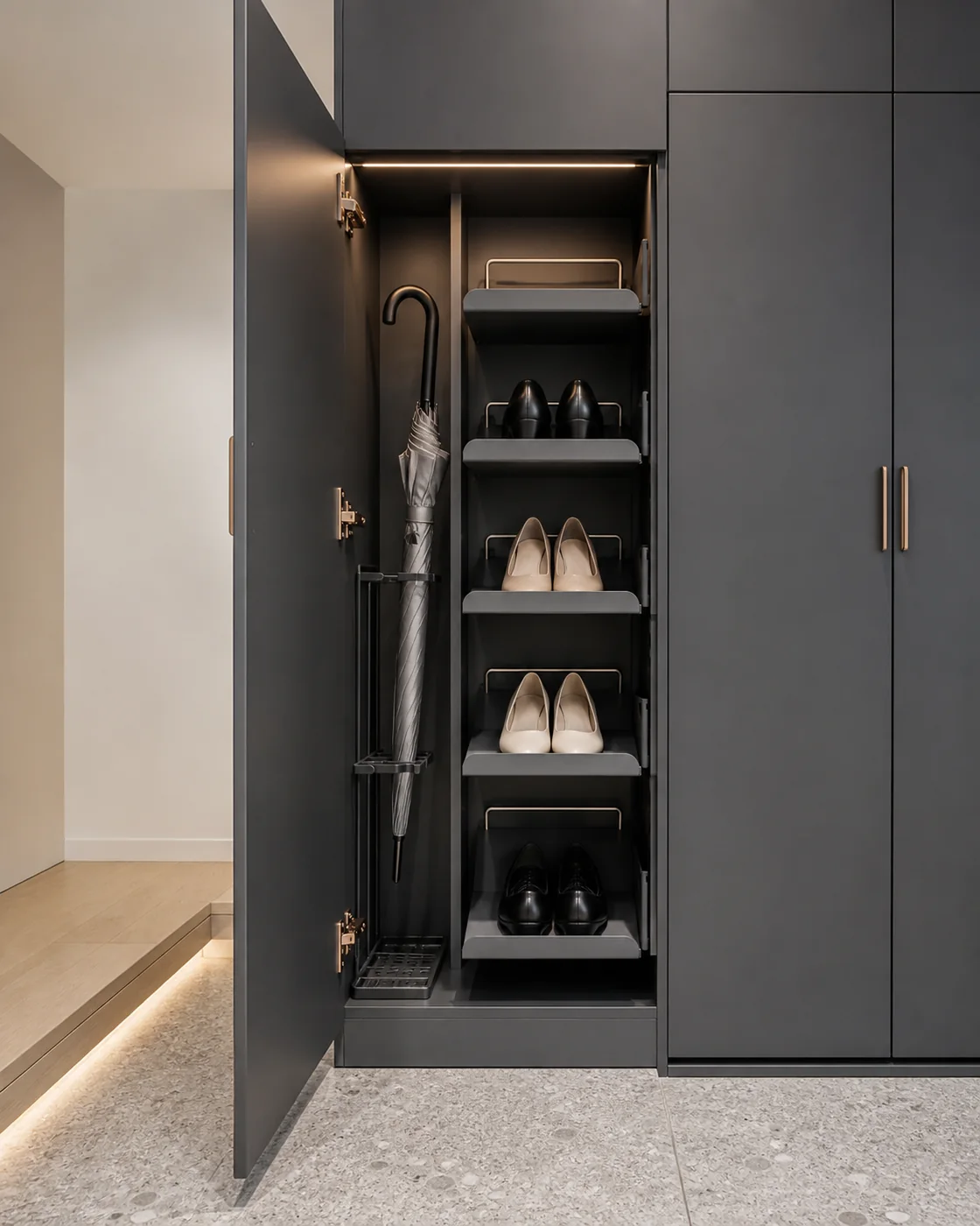 Entrance storage furniture proposal image separating shoe shelves and umbrella storage