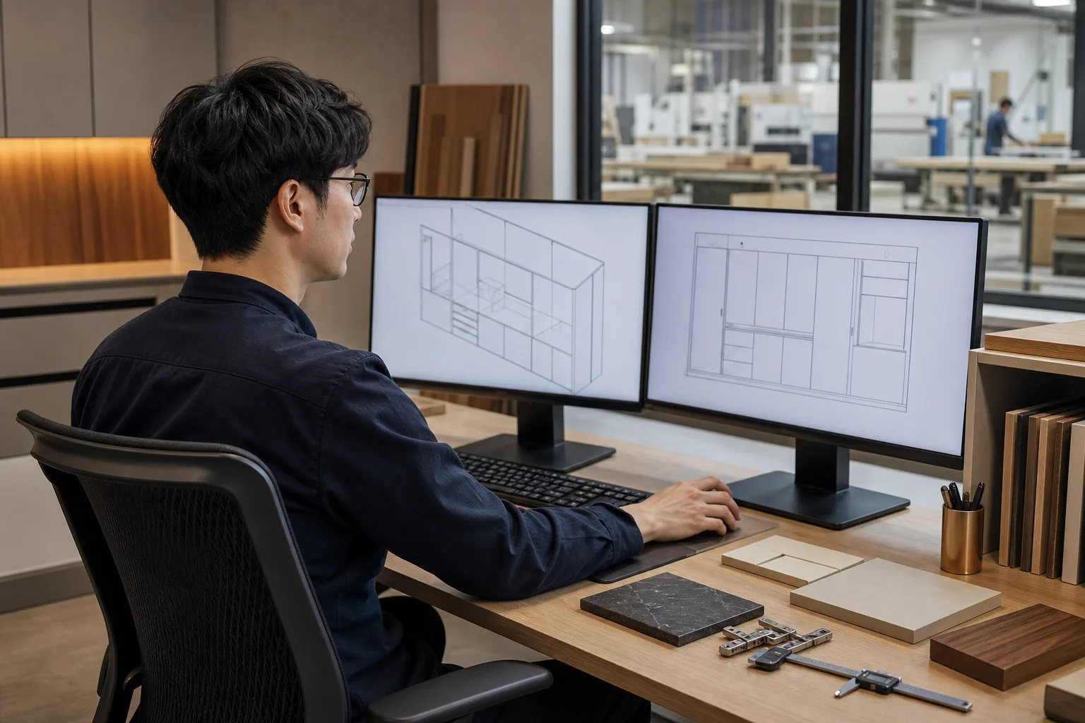 Image of an engineer reviewing furniture CAD drawings and finishes at the design office connected to the production site