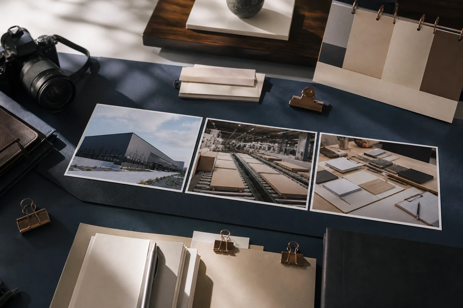 Company news archive images organized as photos of the factory exterior, production line, and project discussion scenes