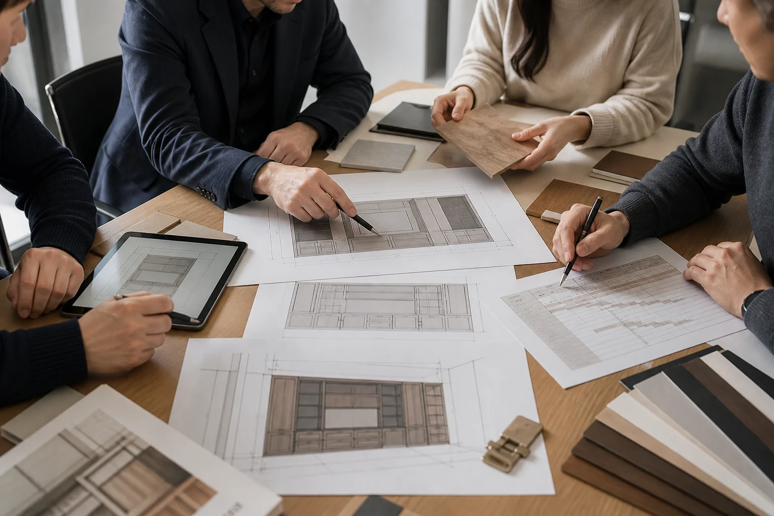 Image of multiple departments coordinating a project over furniture drawings, finish samples, and production schedules