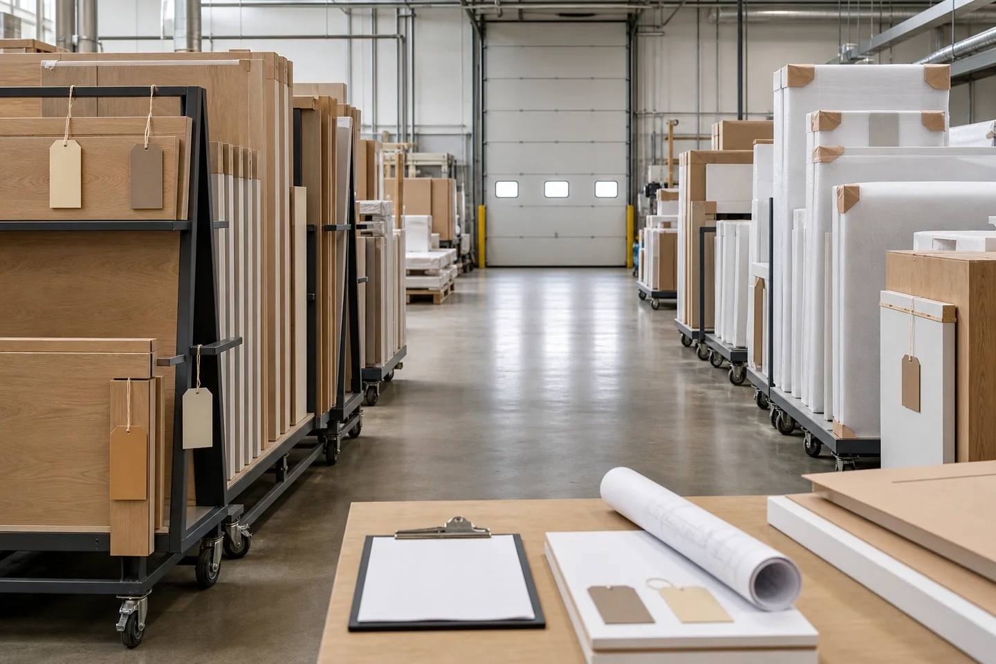 Process image showing the shipment preparation and loading flow of furniture components