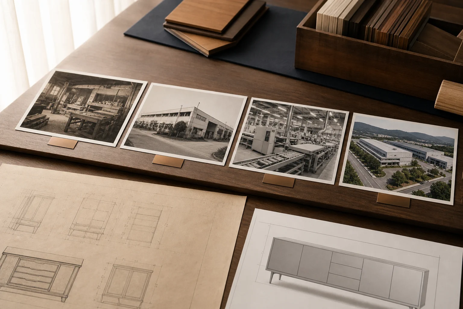 Image organizing the changes in furniture manufacturing from the initial woodworking workshop to the modern production factory using photos and drawings