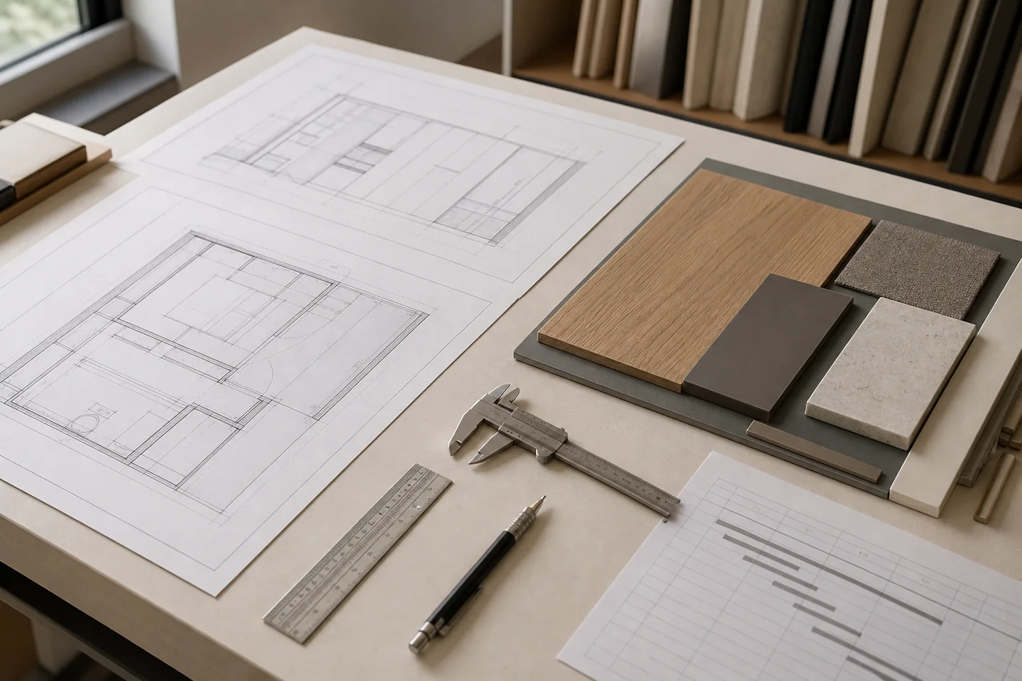 Process image reviewing furniture drawings together with finishing materials