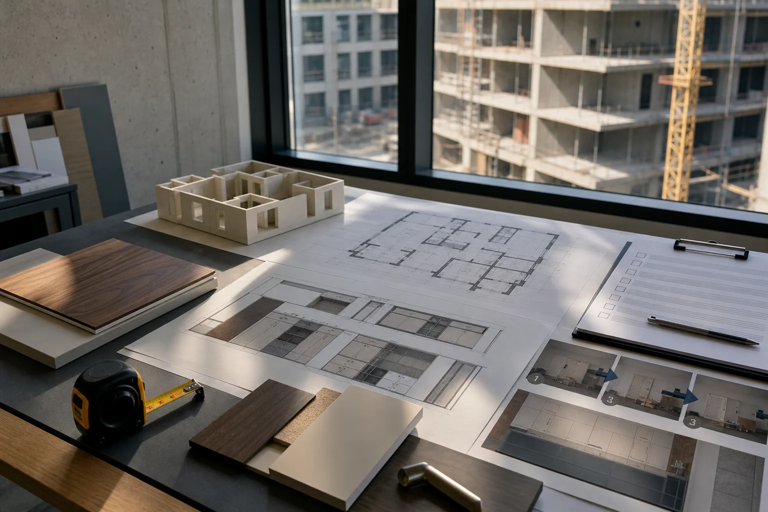 An image reviewing multi-family housing plans, furniture elevations, finish samples, and delivery preparation items together