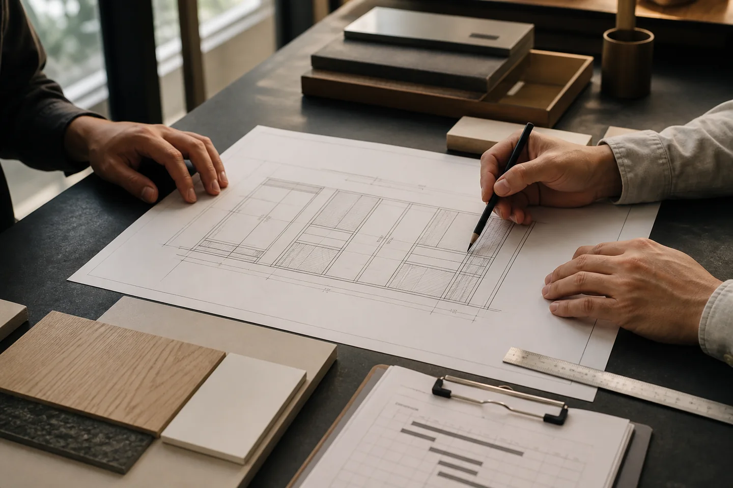Project review scene discussing drawings and finishing specifications together
