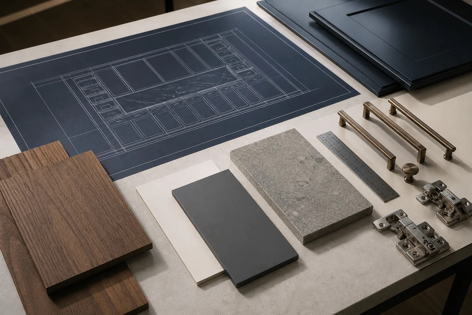 Image reviewing furniture drawings along with walnut, PET, stone finishes, handles, and hinge samples