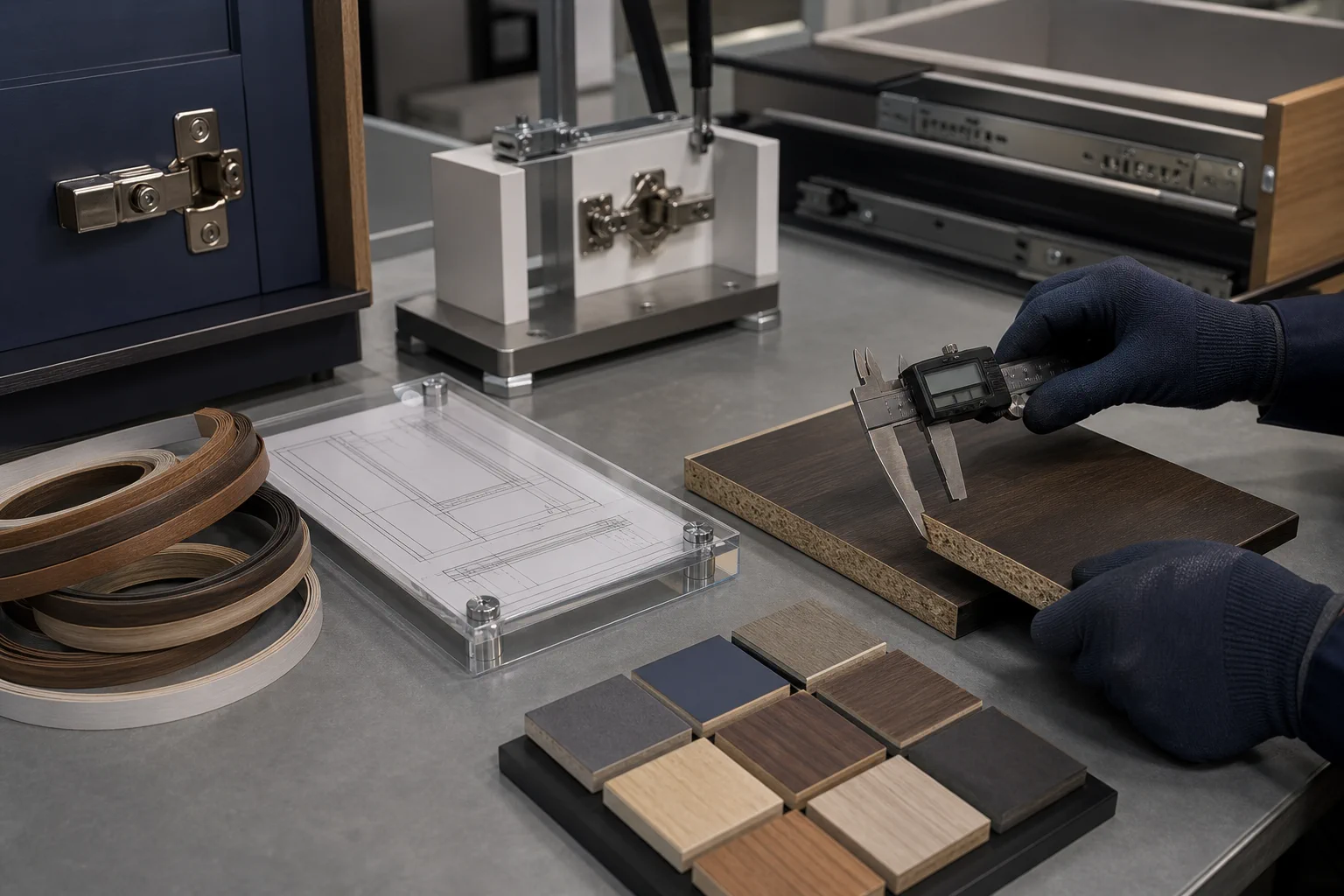 Technical image measuring and reviewing panel thickness and edge finishing, and hinge and rail operating conditions