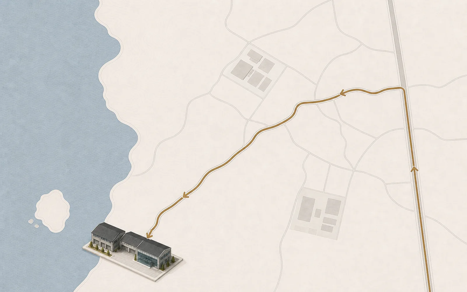 Guide map starting from Daegok direction heading north, turn left just before Seokjeong Elementary School, pass Dolumool Ranch, and continue to Haiju NC building model