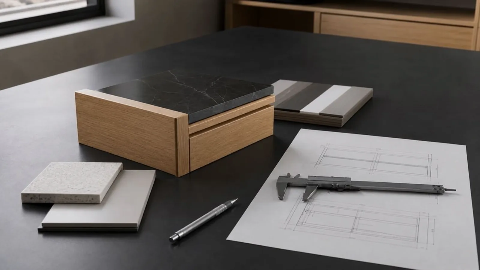 Design review image checking furniture drawings and material samples together